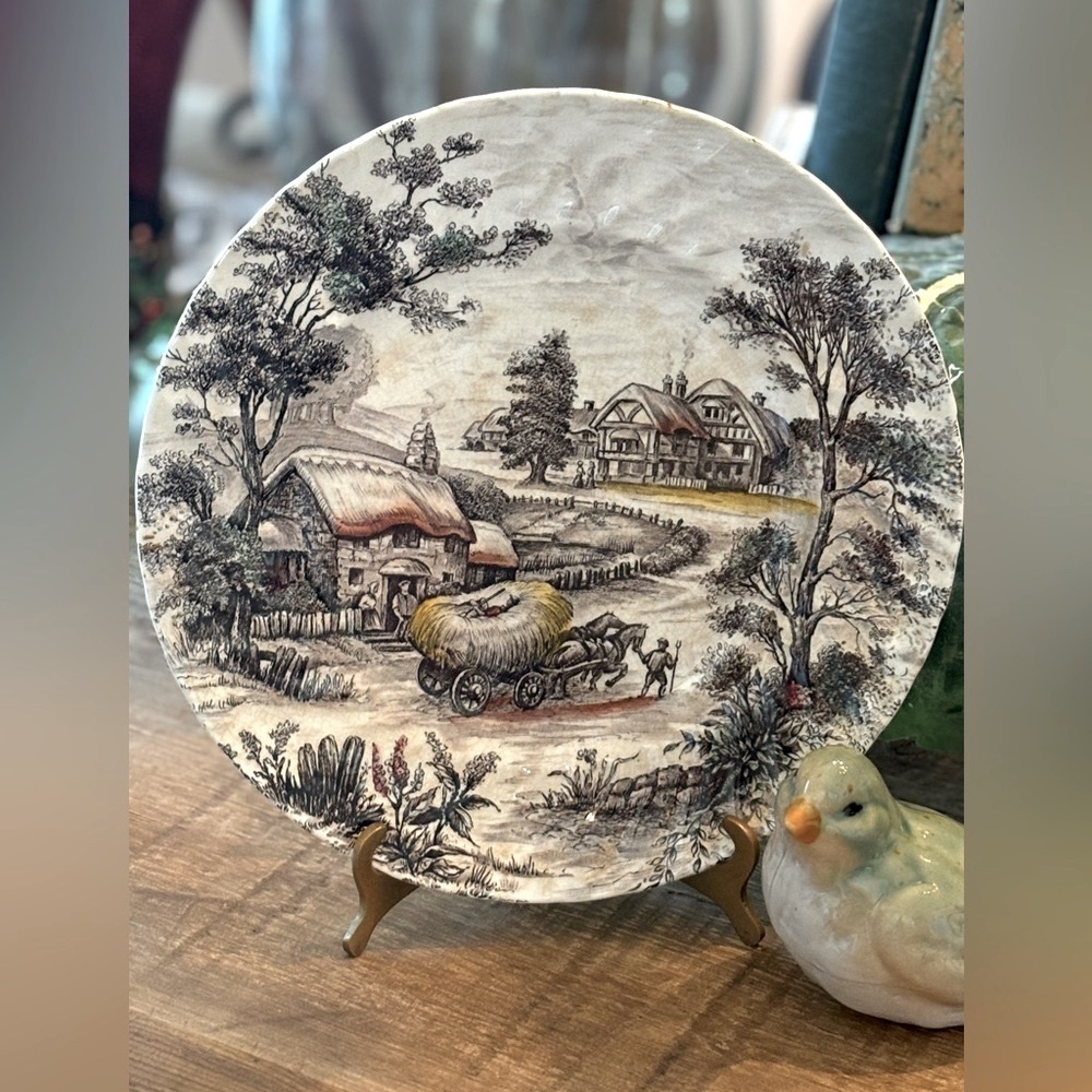 Vintage Yorkshire England Ironstone Plate. 10” Autumn | Farm | Hay Cart 1950’s